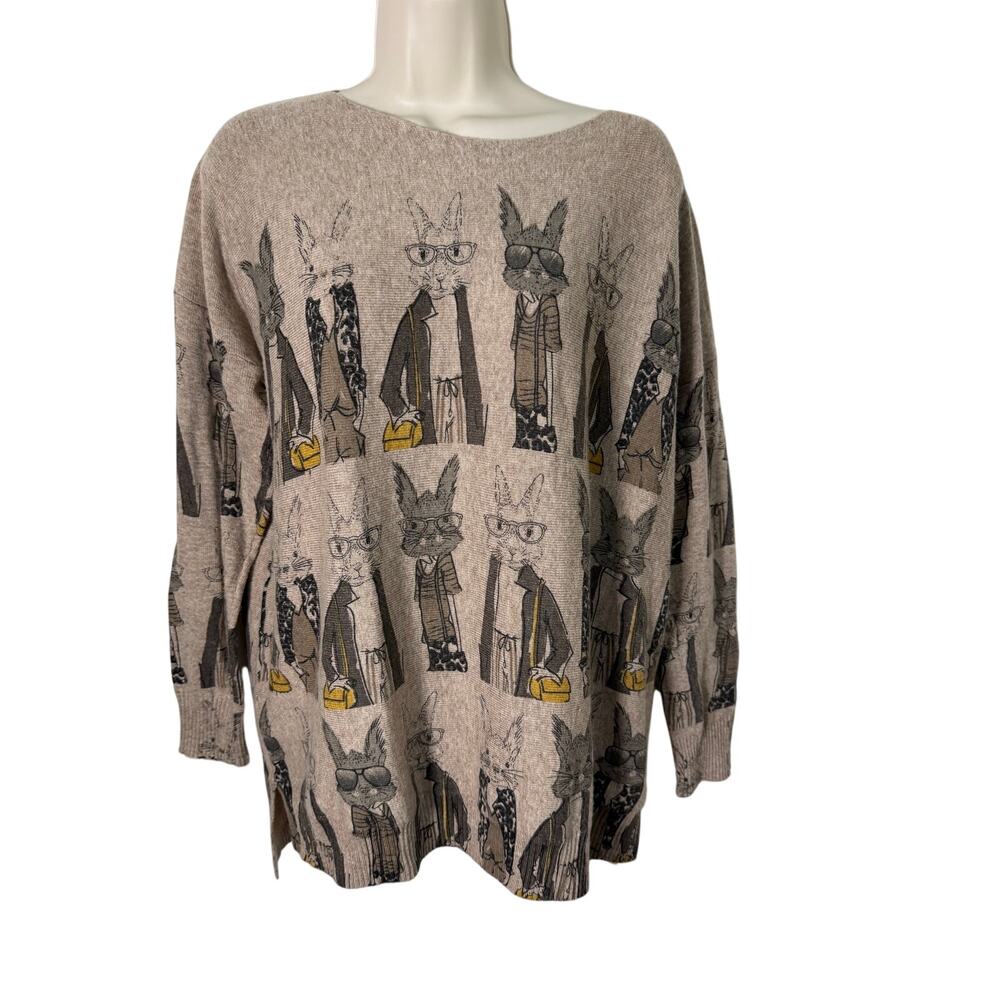 Super Cute  Bunny Rabbit Sweater Oversized Small 3/4 Sleeve Greige  Wool Blend